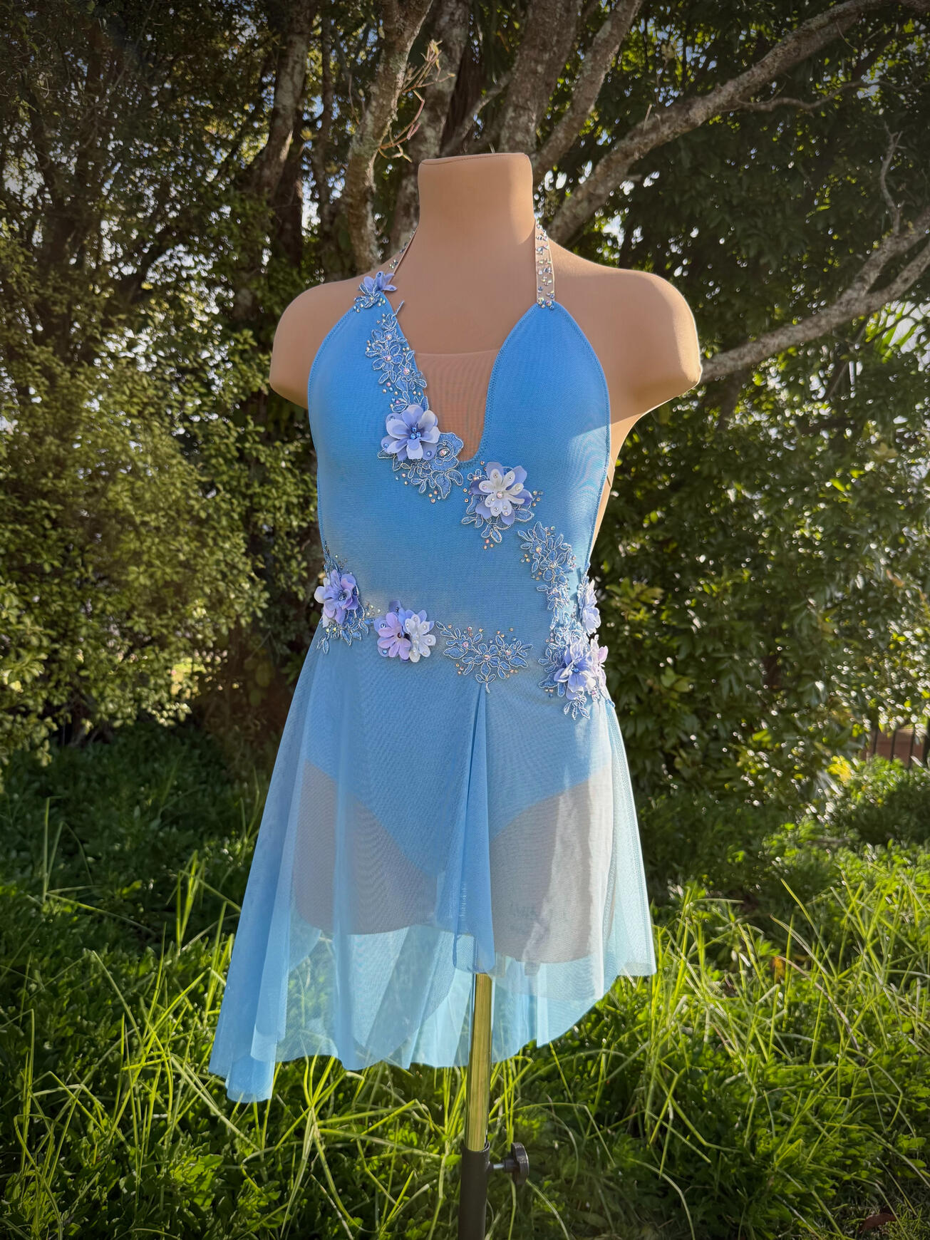 Blue Lyrical Ballet Dress Floaty blue & seafoam lyrical ballet dress with silver airbrushing, lace appliqué, 3D florals and rhinestones.
